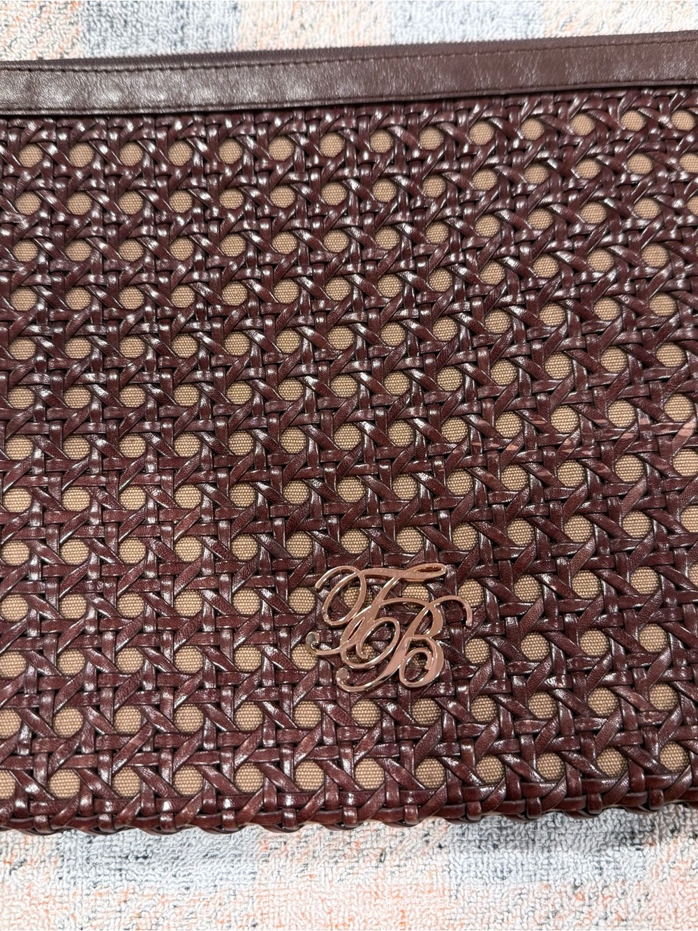 Ted Baker Woven Leather Tablet Case in Dark Brown with Gold Monogram